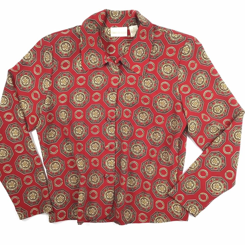 vintage christie & jill Women's print blouse red career shoulder pads 90s luxury
